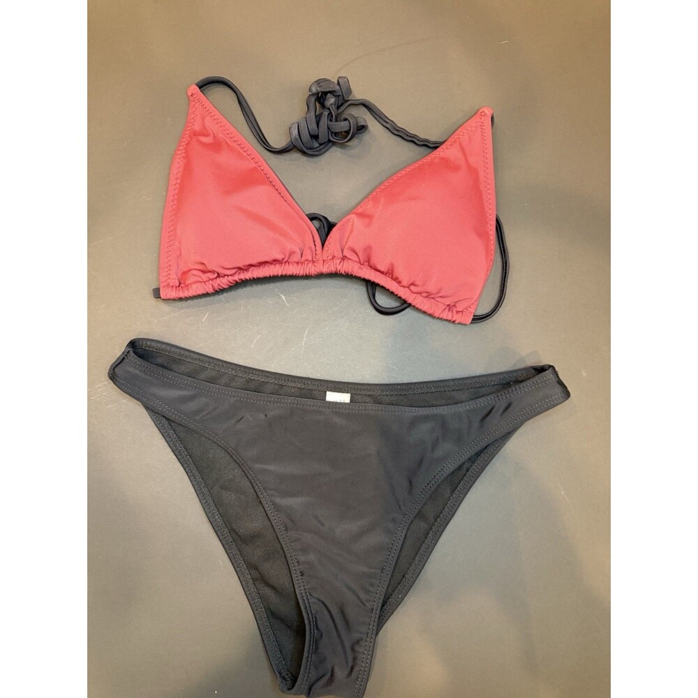 Women's Bikini Size S Maroon and Black String Top High Waist Bottom High Leg New